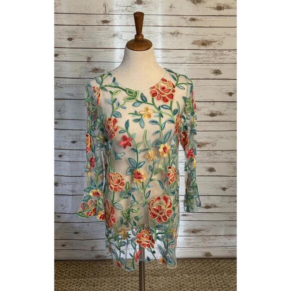 ali miles whimsical multicolored embroidered floral sheer mesh tunic Size M - Picture 1 of 6